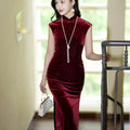 Deep Wine Crushed Velvet| Modern one-Pieces Qipao Dress（静沐） - E·Beauty