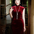 Deep Wine Crushed Velvet| Modern one-Pieces Qipao Dress（静沐） - E·Beauty