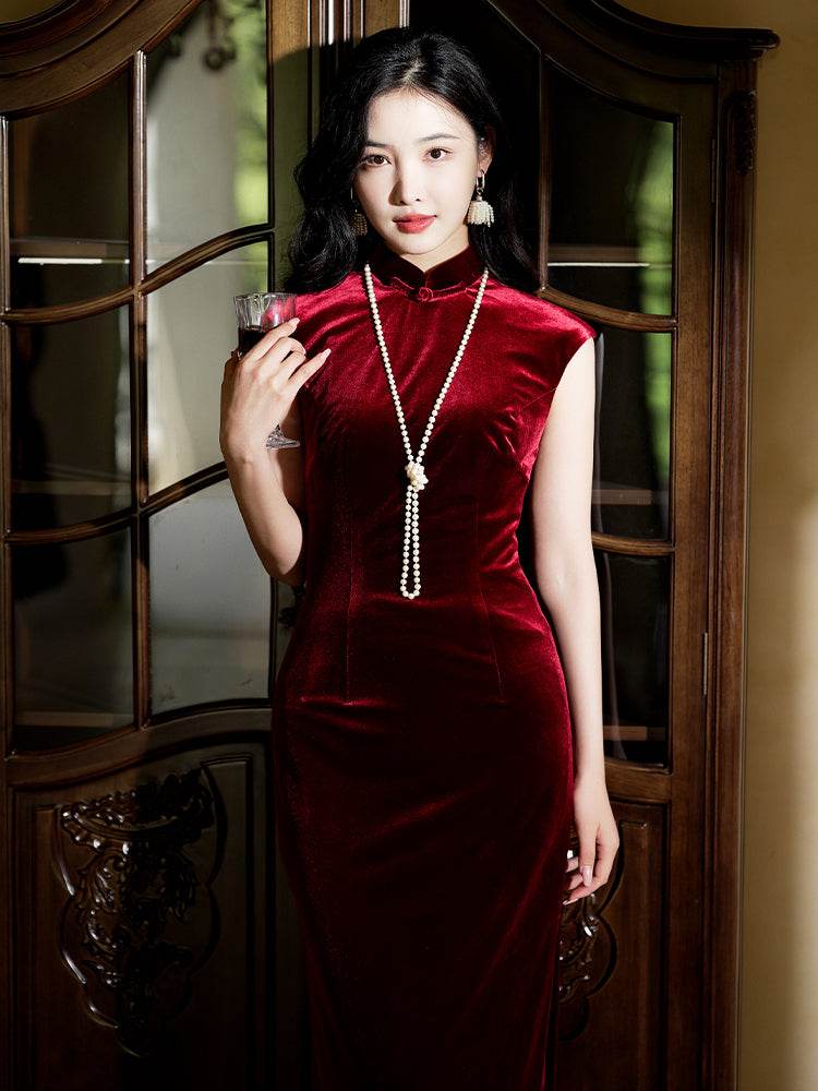 Deep Wine Crushed Velvet| Modern one-Pieces Qipao Dress（静沐） - E·Beauty