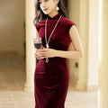 Deep Wine Crushed Velvet| Modern one-Pieces Qipao Dress（静沐） - E·Beauty