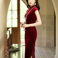 Deep Wine Crushed Velvet| Modern one-Pieces Qipao Dress（静沐） - E·Beauty