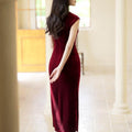 Deep Wine Crushed Velvet| Modern one-Pieces Qipao Dress（静沐） - E·Beauty
