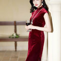 Deep Wine Crushed Velvet| Modern one-Pieces Qipao Dress（静沐） - E·Beauty