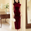 Deep Wine Crushed Velvet| Modern one-Pieces Qipao Dress（静沐） - E·Beauty