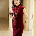 Deep Wine Crushed Velvet| Modern one-Pieces Qipao Dress（静沐） - E·Beauty