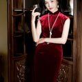 Deep Wine Crushed Velvet| Modern one-Pieces Qipao Dress（静沐） - E·Beauty