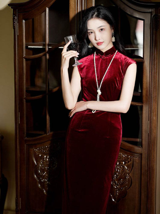 Deep Wine Crushed Velvet| Modern one-Pieces Qipao Dress（静沐） - E·Beauty