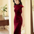 Deep Wine Crushed Velvet| Modern one-Pieces Qipao Dress（静沐） - E·Beauty