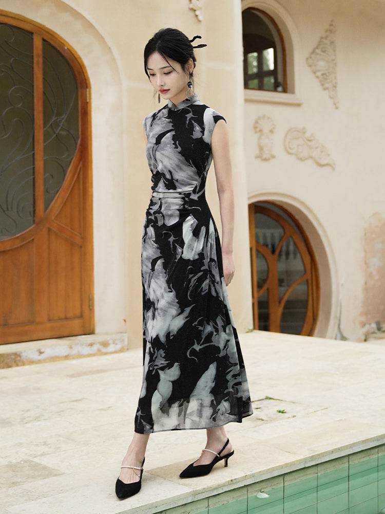 Water-ink print | Full-length flared skirt（墨卿） - E·Beauty