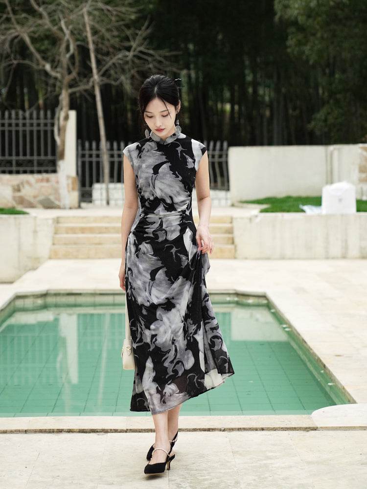 Water-ink print | Full-length flared skirt（墨卿） - E·Beauty