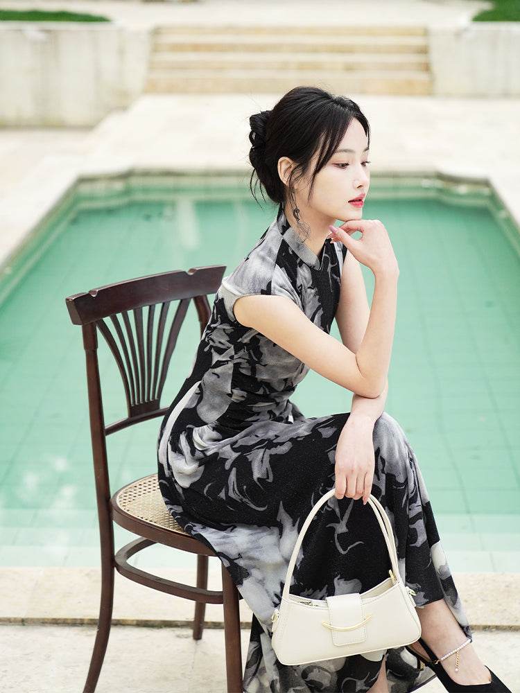 Water-ink print | Full-length flared skirt（墨卿） - E·Beauty
