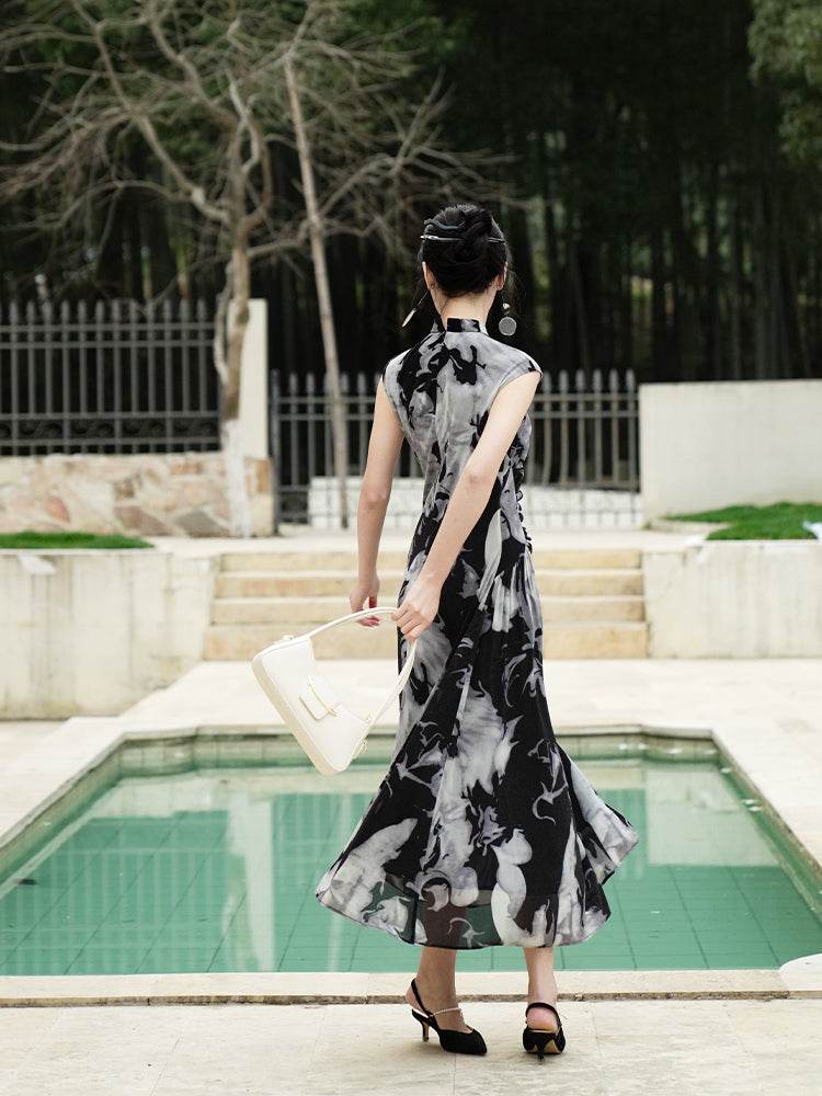 Water-ink print | Full-length flared skirt（墨卿） - E·Beauty