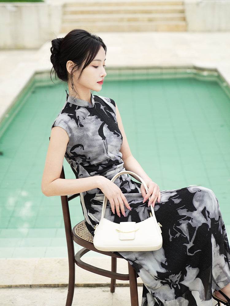 Water-ink print | Full-length flared skirt（墨卿） - E·Beauty