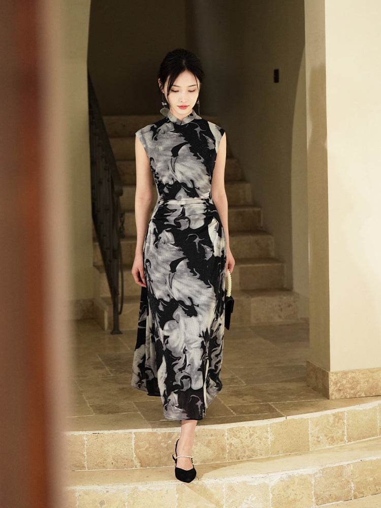 Water-ink print | Full-length flared skirt（墨卿） - E·Beauty