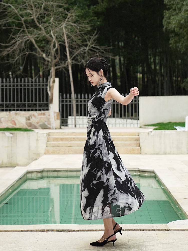 Water-ink print | Full-length flared skirt（墨卿） - E·Beauty