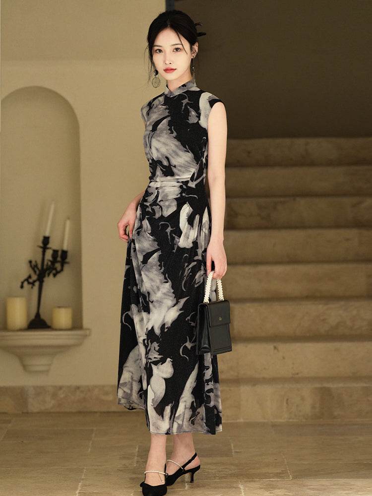 Water-ink print | Full-length flared skirt（墨卿） - E·Beauty