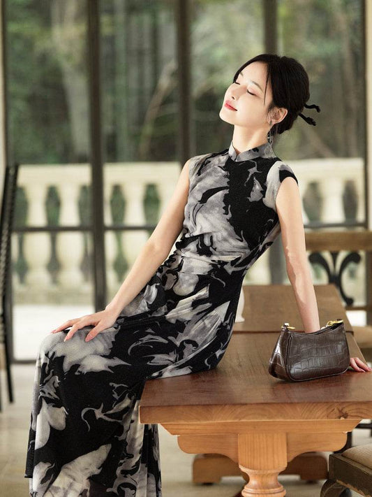 Water-ink print | Full-length flared skirt（墨卿） - E·Beauty