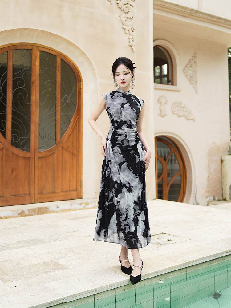 Water-ink print | Full-length flared skirt（墨卿） - E·Beauty