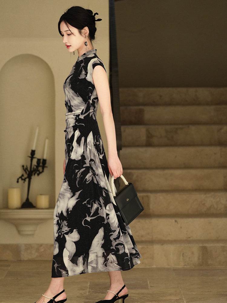 Water-ink print | Full-length flared skirt（墨卿） - E·Beauty