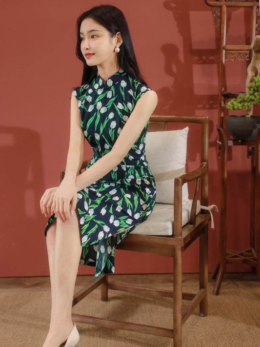 White tulip pattern| Modern one-Pieces Qipao Dress（沁心） - E·Beauty