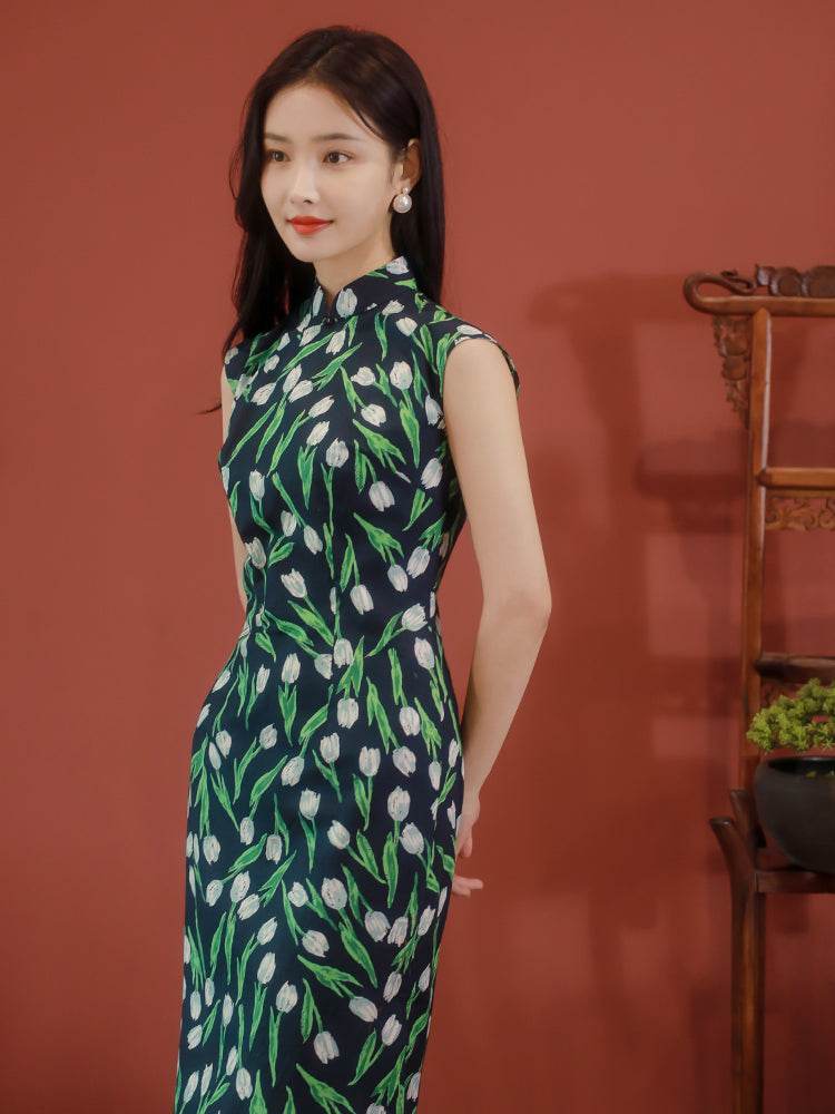 White tulip pattern| Modern one-Pieces Qipao Dress（沁心） - E·Beauty