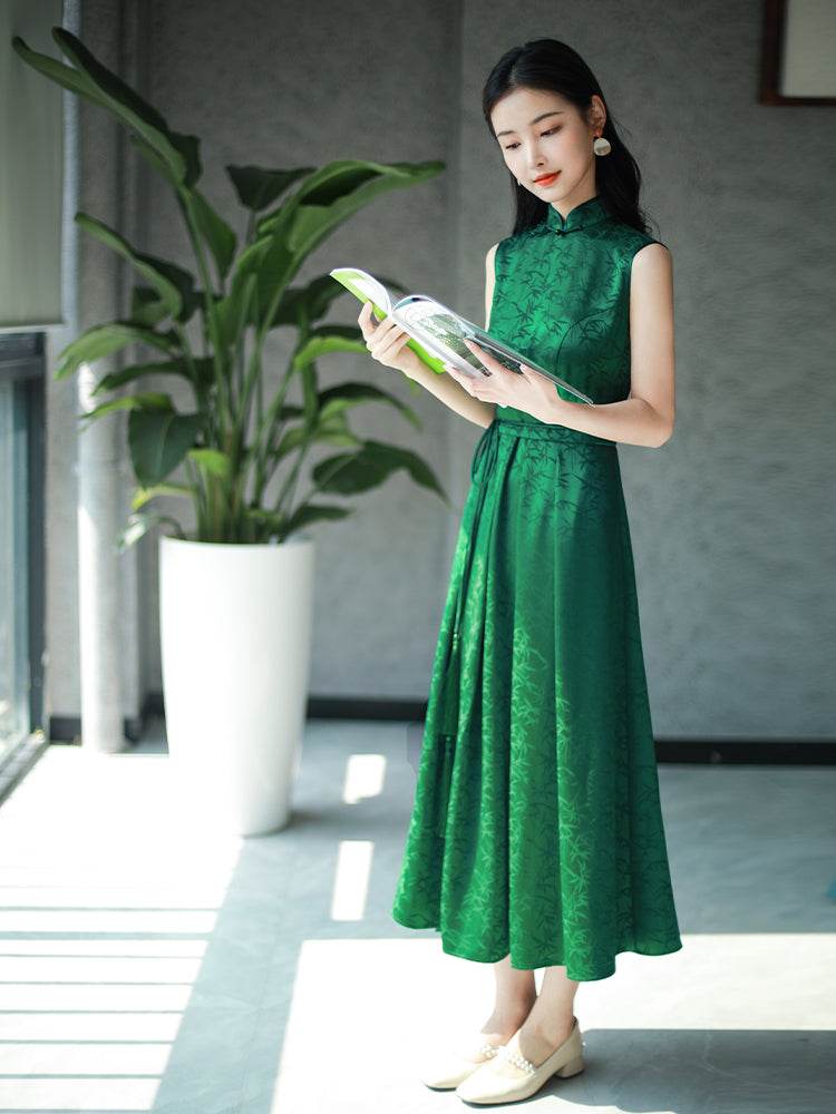 Couture-grade emerald acetate twill | Full-length flared skirt（雀华） - E·Beauty