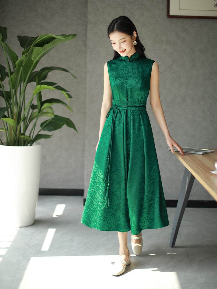 Couture-grade emerald acetate twill | Full-length flared skirt（雀华） - E·Beauty