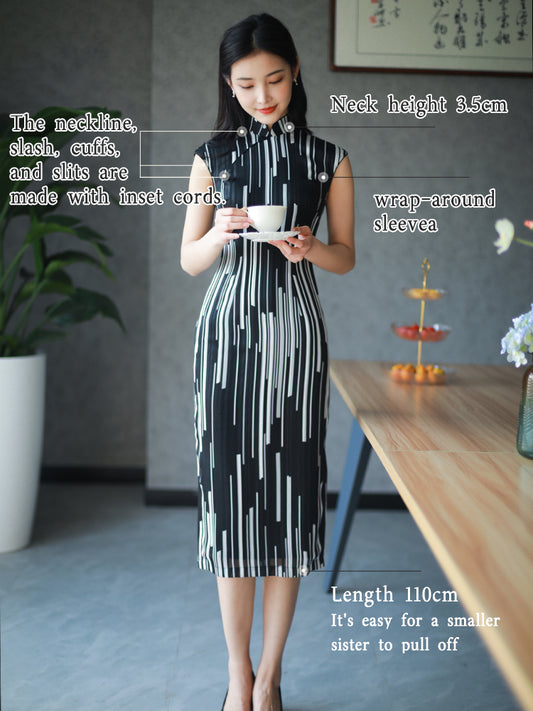 black and white stripes|Modern one-Pieces Qipao Dress（香嵩）