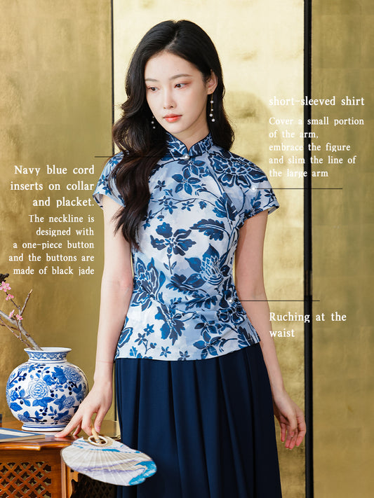 blue and white porcelain|Modern one-Pieces Qipao top（灀蓝）