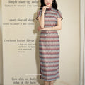 A beige base color with zigzag stripes in red, blue and brown|Modern one-Pieces Qipao Dress（倾黛）