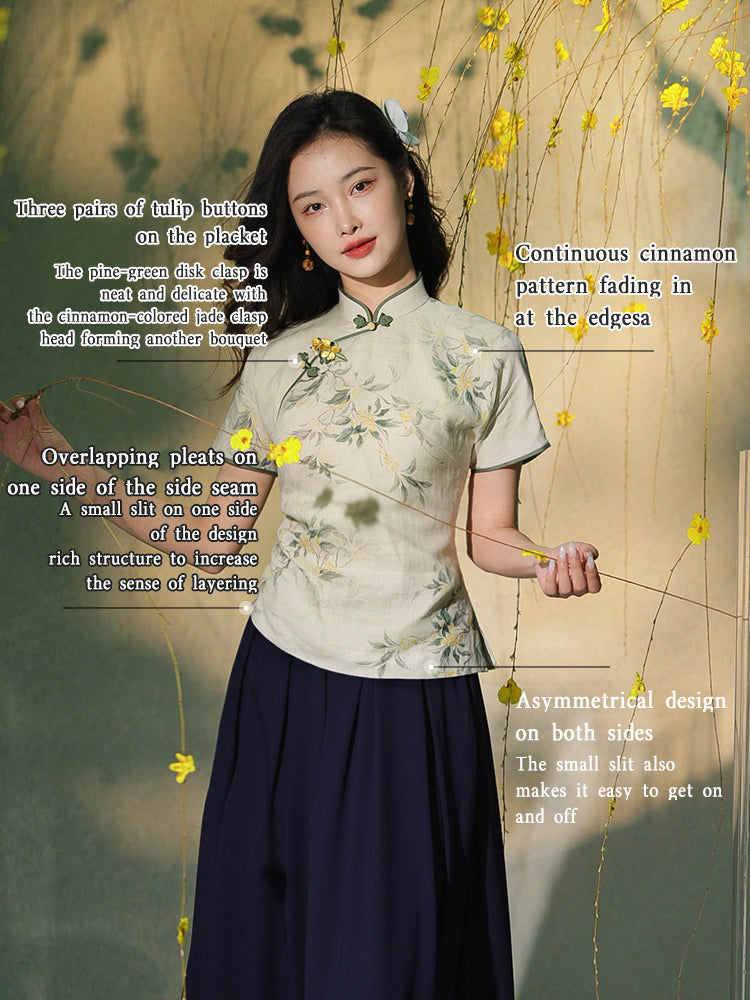 light green|Osmanthus Print Qipao top（沁寒）