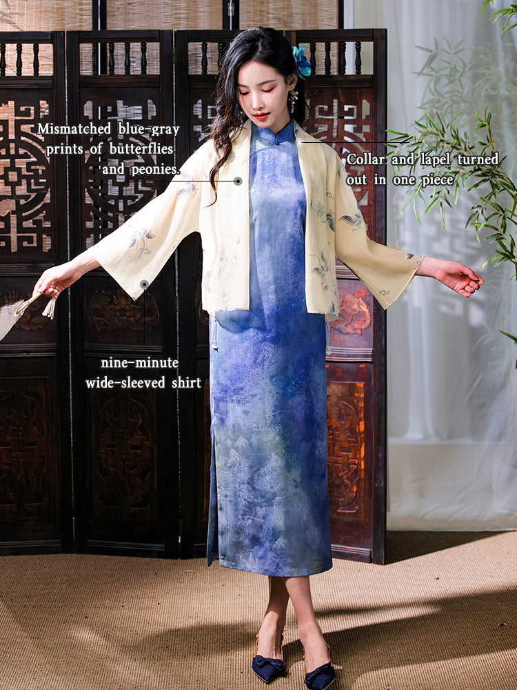 Light beige with pale blue floral prints cardigan（蔓蝶）