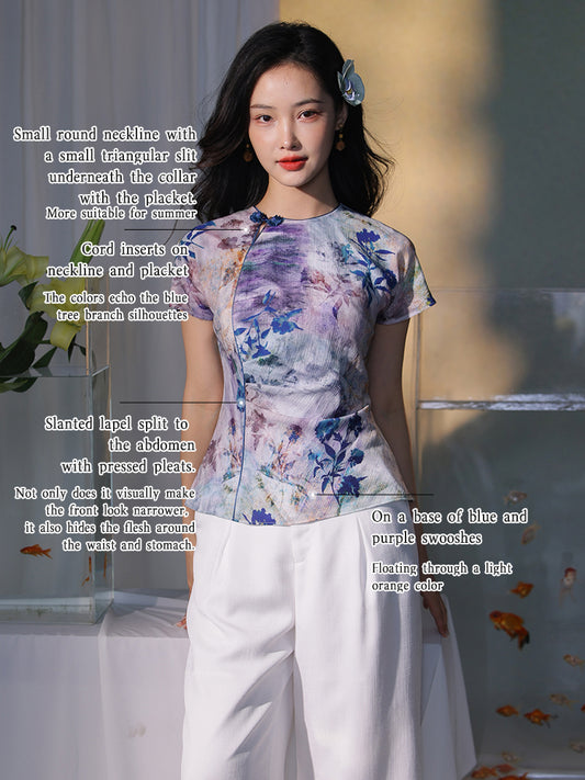 Blue, purple and orange coloring|Modern one-Pieces Qipao top（叶栀）