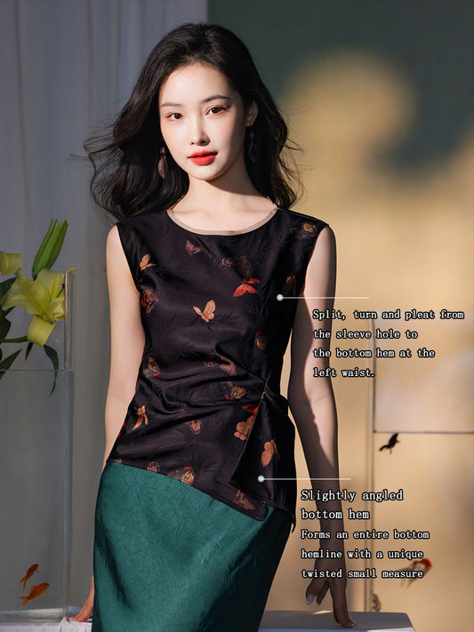 Flower color on black background|pleated Qipao a sleeveless garment（云笺）