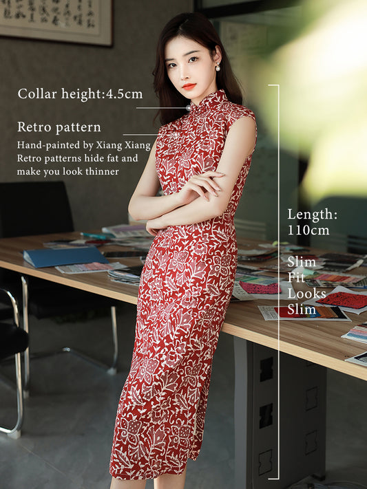 Pompeian Red Lobelia pattern| Modern one-Pieces Qipao Dress（龙葵）