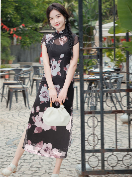 Black Printed Chiffon  | Modern one-Pieces Qipao Dress (楚黛)