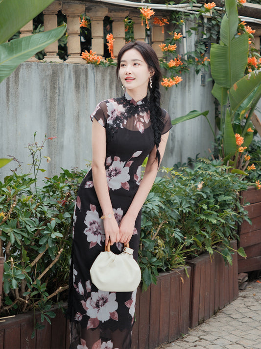 Black Printed Chiffon  | Modern one-Pieces Qipao Dress (楚黛)