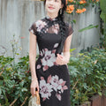 Black Printed Chiffon  | Modern one-Pieces Qipao Dress (楚黛)