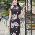 Black Printed Chiffon  | Modern one-Pieces Qipao Dress (楚黛)