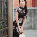 Black Printed Chiffon  | Modern one-Pieces Qipao Dress (楚黛)