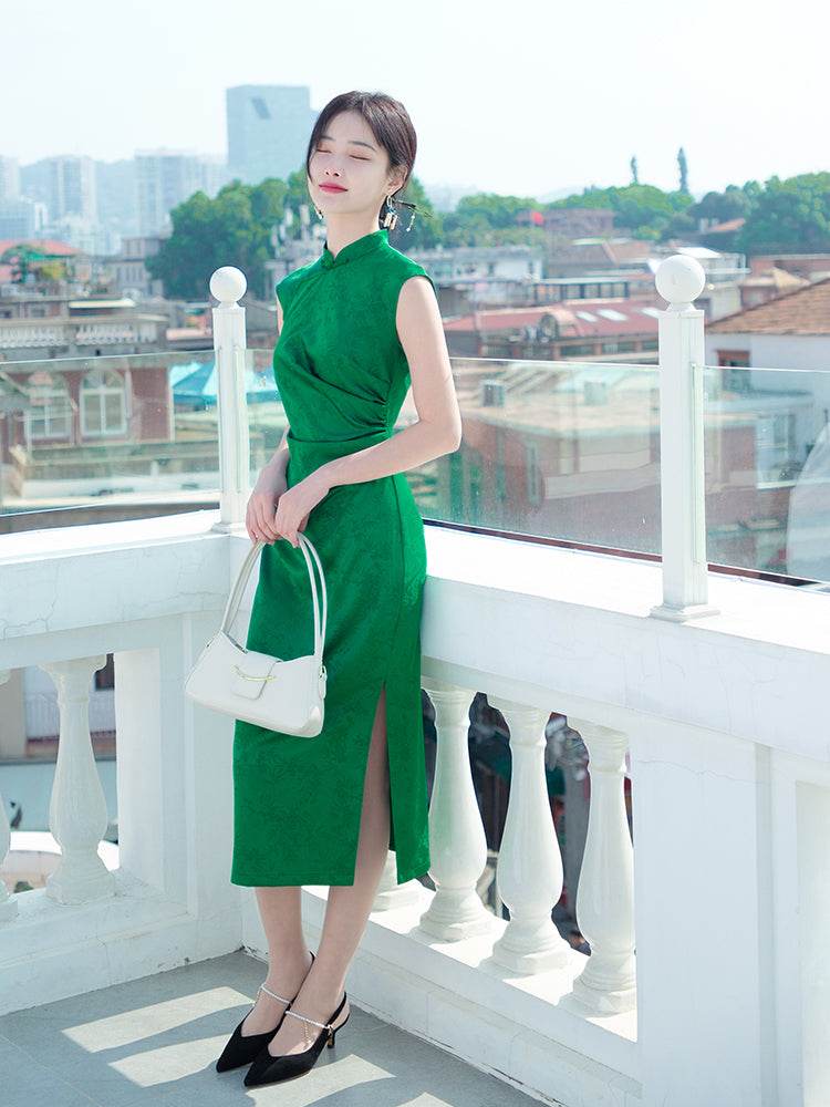 Green acetate jacquard fabric| Modern one-Pieces Qipao Dress（翠微） - E·Beauty
