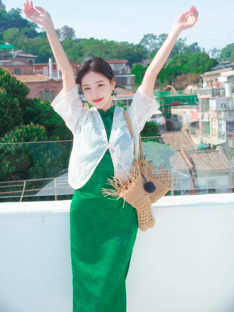 Green acetate jacquard fabric| Modern one-Pieces Qipao Dress（翠微） - E·Beauty
