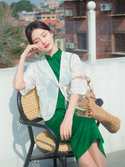 Green acetate jacquard fabric| Modern one-Pieces Qipao Dress（翠微） - E·Beauty