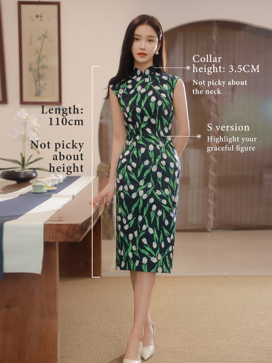 White tulip pattern| Modern one-Pieces Qipao Dress（沁心）
