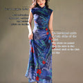 Red rose with Sapphire Blue Stretch Mesh Fabric|Full-length flared skirt(浣黎)