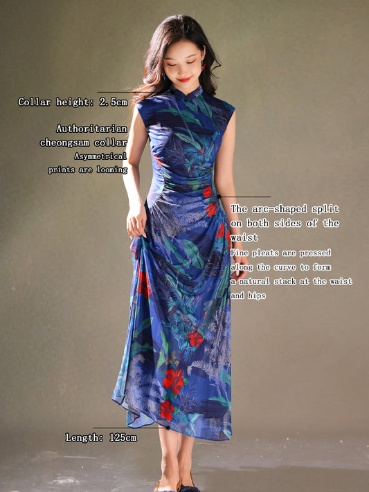 Red rose with Sapphire Blue Stretch Mesh Fabric|Full-length flared skirt(浣黎)