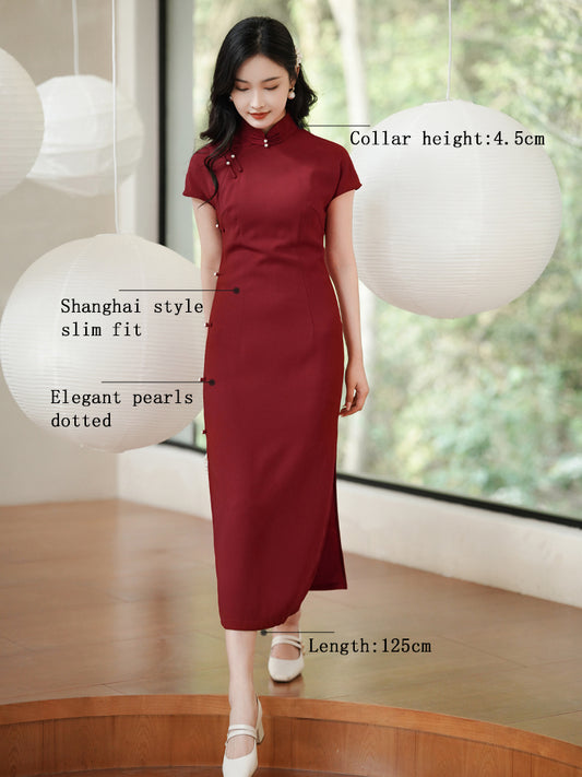 Haute Couture Red Acetate Fabric| Modern one-Pieces Qipao Dress（妗鸿）