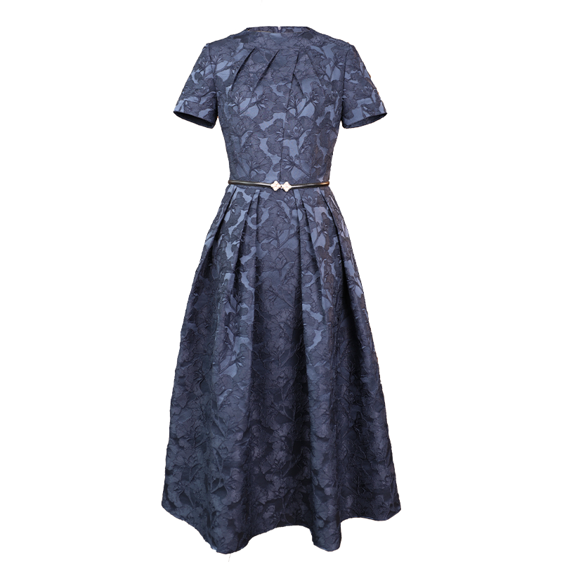 Navy Blue Intricate Jacquard | Effortless Flared Skirt (赫本)