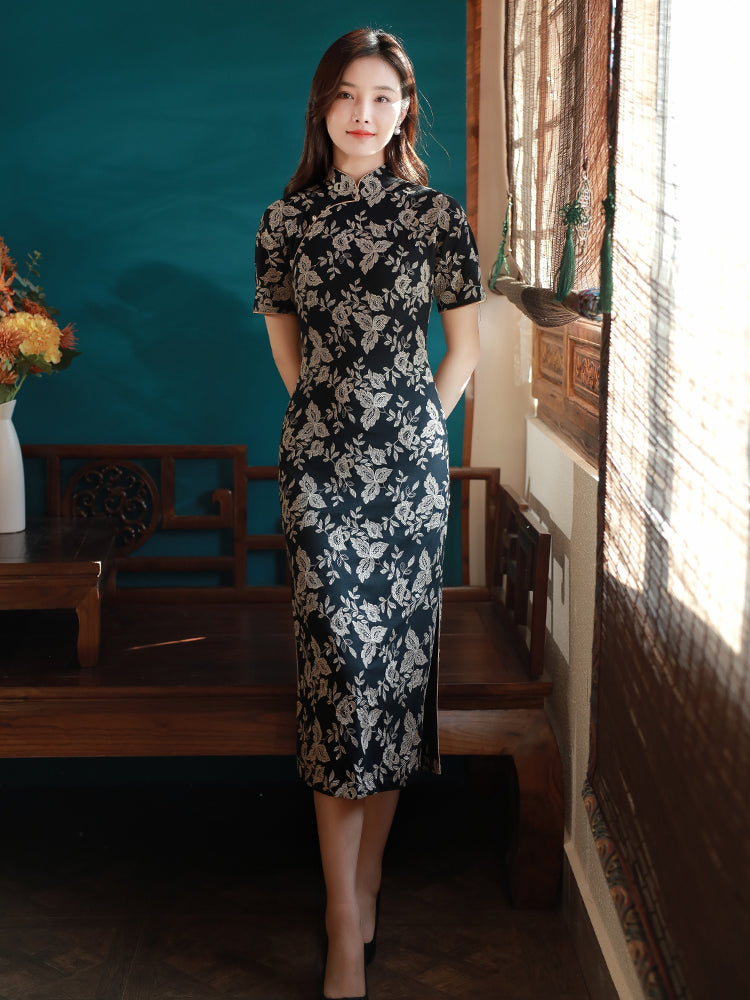 Literary Black - Stretch Knit with Scholarly Elegance | Modern one-Pieces Qipao Dress (芳辰)