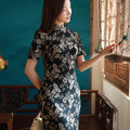 Literary Black - Stretch Knit with Scholarly Elegance | Modern one-Pieces Qipao Dress (芳辰)